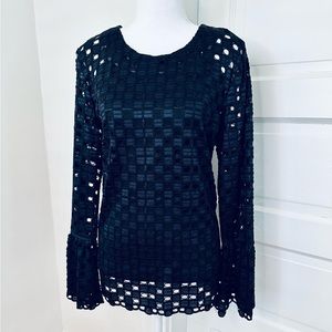 NWT Ann Taylor Atlantic Navy/Black Cutout Lace Bell Sleeve Blouse, Size Medium
